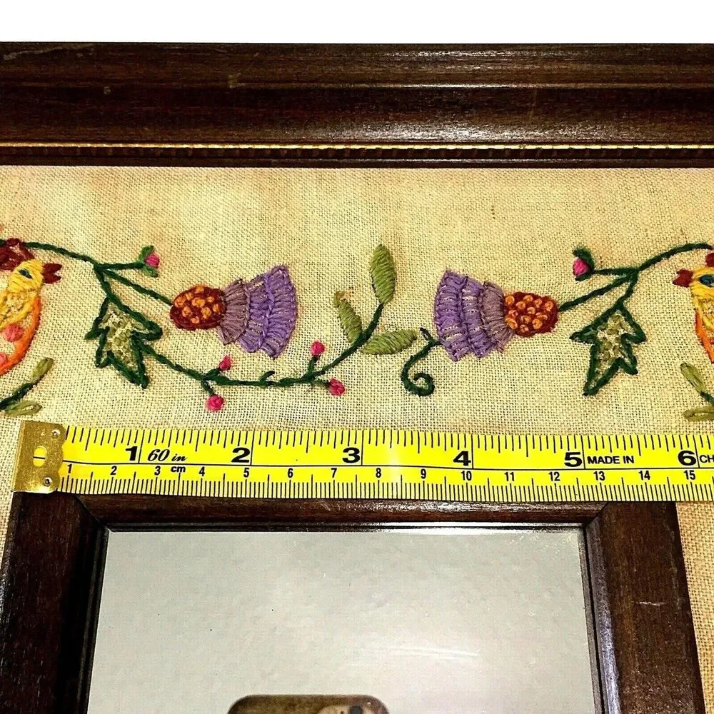 Antique Framed Mirror Crewel Embroidery Jacobean Sampler Linen Wool Floral Bird